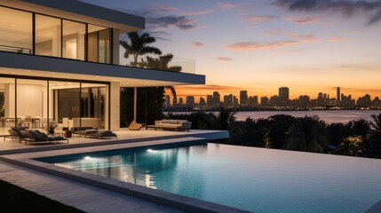 Fototapeta premium Modern villa with a private rooftop infinity pool overlooking the Miami skyline in Florida