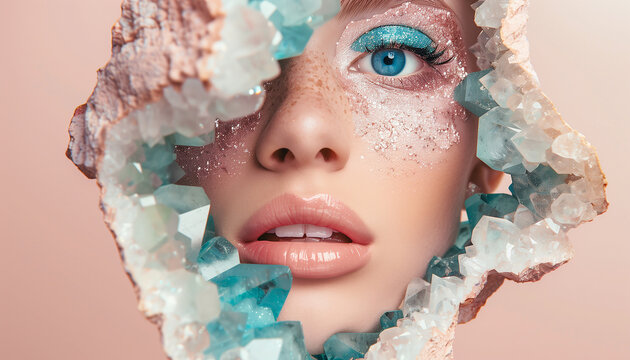 Woman portrait with lips and eyes (close-up). Fashion style photography. Blue and pink