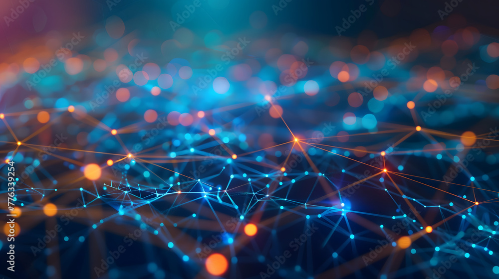 Poster abstract digital background with glowing connections and nodes forming intricate networks, symbolizi