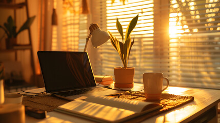  A cozy home office setup with warm sunlight streaming through the blinds, illuminating an open laptop on top of a wooden desk adorned with a coffee mug and potted plant