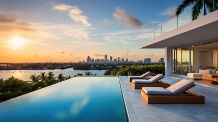 Fototapeta premium Modern villa with a private rooftop infinity pool overlooking the Miami skyline in Florida