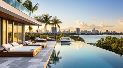 Fototapeta premium Modern villa with a private rooftop infinity pool overlooking the Miami skyline in Florida