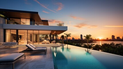 Fototapeta premium Modern villa with a private rooftop infinity pool overlooking the Miami skyline in Florida