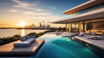 Fototapeta premium Modern villa with a private rooftop infinity pool overlooking the Miami skyline in Florida
