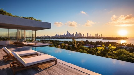 Fototapeta premium Modern villa with a private rooftop infinity pool overlooking the Miami skyline in Florida