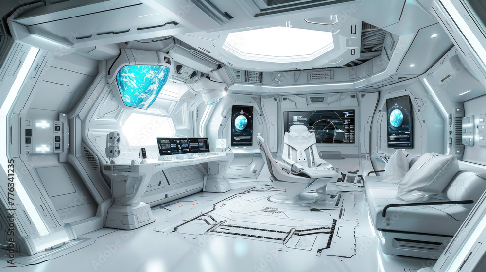 Aufkleber spaceship cabin interior, futuristic cockpit with computer screens and control panels. inside comman