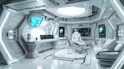 Spaceship cabin interior, futuristic cockpit with computer screens and control panels. Inside command room of spacecraft with modern dashboard. Concept of space station, technology