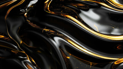 Black liquid texture background, waves of oil with gold paint, abstract luxury pattern. Concept of marble surface, water, watercolor