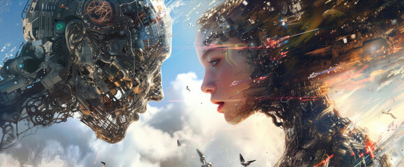 AI humanoid robots like two young couple, faces of futuristic cyborgs on abstract background. Concept of technology, artificial intelligence, emotion, future, relationship, love, art - 776341251