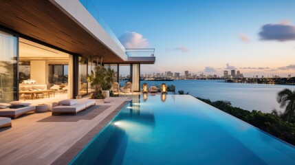 Obraz premium Modern villa with a private rooftop infinity pool overlooking the Miami skyline in Florida