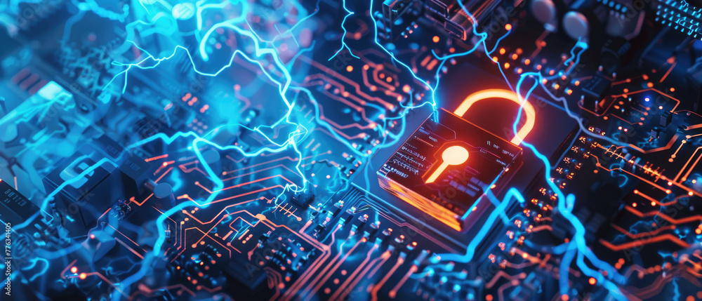 Poster secure digital space with cyber lock and lightning on circuit board background, protection of inform