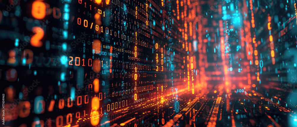 Poster abstract digital technology background, data pattern and information lights in dark cyber space. con