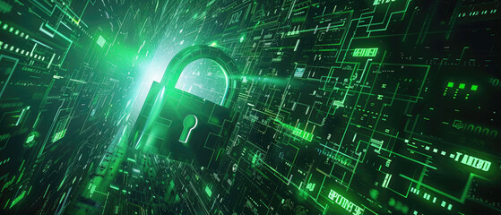 Secure digital green space with cyber padlock and light on abstract tech background, protection of computer. Concept of technology, data, lock, privacy, network, security