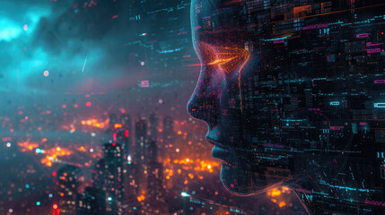 Artificial intelligence like human with fire, portrait of futuristic humanoid AI robot on destroyed city background. Concept of digital technology, cyborg, war, power, future - 776341436