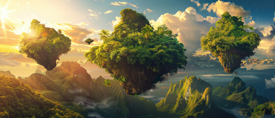 Scenery of flying tropical islands at sunset, surreal panoramic mountain landscape with land floating in sky. Concept of fantasy, fairy world, green planet,