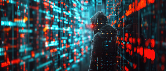 Hacker and information in dark digital data space, hooded man on abstract code background. Concept of cyber security, technology, crime, hack, network