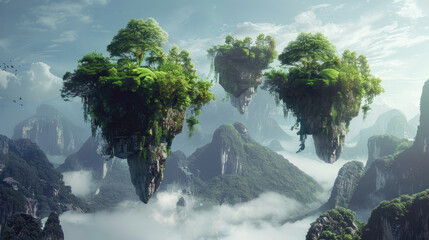 Scenery of flying tropical islands in fog, surreal misty mountain landscape with land floating in sky. Concept of fantasy, fairy world, green planet, forest.