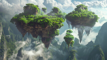 Scenery of flying tropical islands in mist, surreal foggy mountain landscape with land floating in sky. Concept of fantasy, fairy world, forest. - 776341493