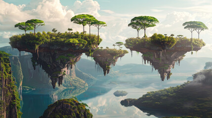 Scenery of flying tropical islands at sunset, surreal mountain landscape with land floating in sky. Concept of fantasy, fairy world, planet, forest.