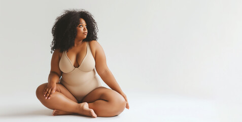 Plus size model in tight leotard, smiling, posing on a white background, body positive, copy space.