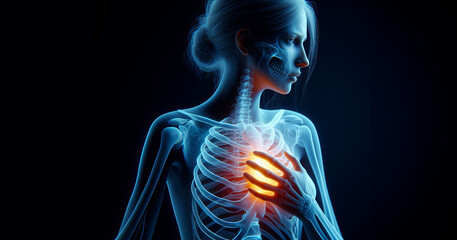 The body of a young woman suffering from pain and pressing his arm to his chest. Allegory of health and pain. Tired woman with severe chest pain. Polygon vector wireframe concept.	
