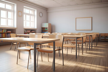 Interior of a modern classroom with a wooden floor and rows of chairs