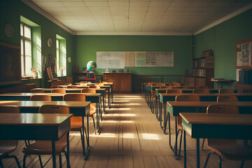 Classroom in an old school. retro toned image. selective focus - obrazy, fototapety, plakaty