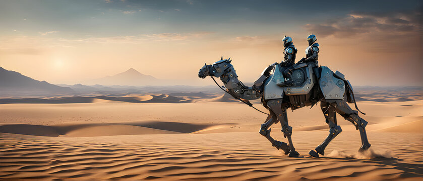 Animal robot walking through desert. A futuristic landscape with a silhouetted city on the horizon. Apocalyptic nature. A robotic mechanical cyborg horse or camel. A tired Bionicle horse