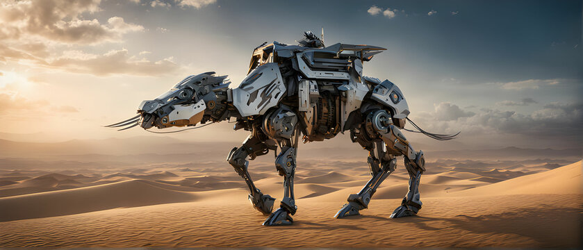 Animal robot walking through desert. A futuristic landscape with a silhouetted city on the horizon. Apocalyptic nature. A robotic mechanical cyborg horse or camel. A tired Bionicle horse