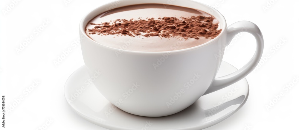 Canvas Prints A steaming cup of hot chocolate with a silver spoon placed on a saucer, showcasing a cozy and comforting beverage option