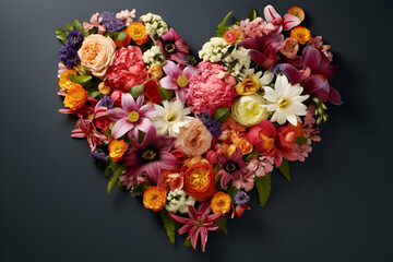 Heart shape made of colorful flowers on dark background. Top view.