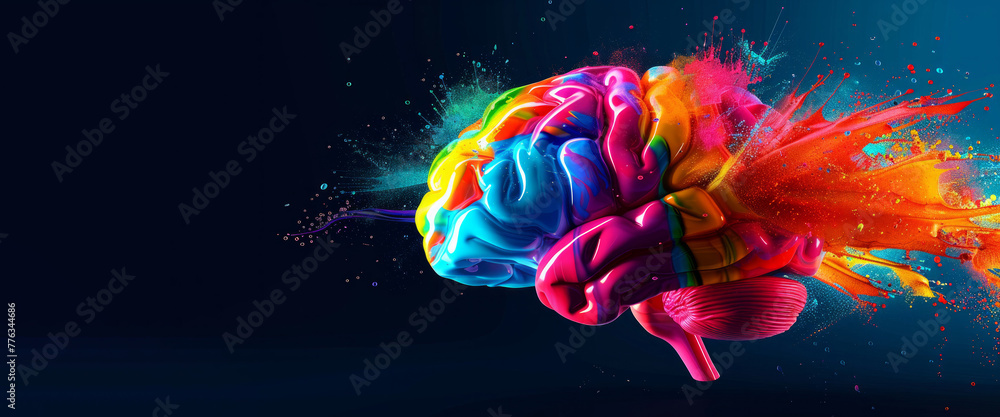 Poster A colorful brain with a splash of paint on it. The brain is surrounded by a blue background. concept of a human brain full with creativity, shows multiple colors and action