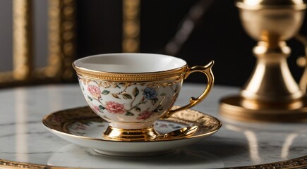Fototapeta premium Vintage porcelain teacup with floral pattern and gold trim, elegant antique ceramic tea cup on marble surface, luxury Victorian style tableware