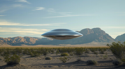 Metallic UFO Hovering Over Desert Landscape: Classic Flying Saucer UFO UAP with Silver Metallic Surface - Sci-Fi Scene with Reflective Chrome Alien Technology