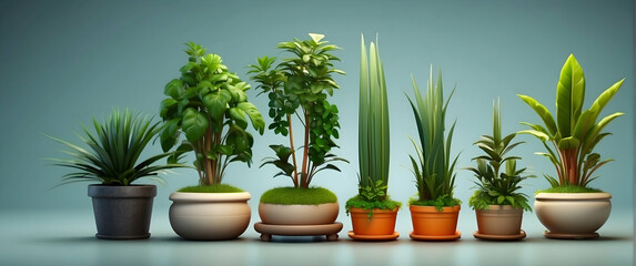 A neatly arranged collection of potted houseplants set against a calming teal background