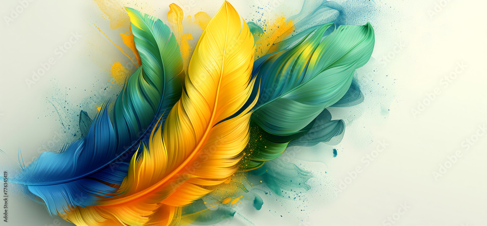 Poster three colorful feathers are displayed in a triangular shape. the feathers are yellow, green, and blu