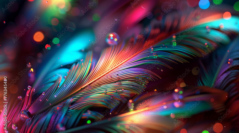 Aufkleber a colorful feather with a rainbow pattern. the feather is surrounded by a blurry background with bri