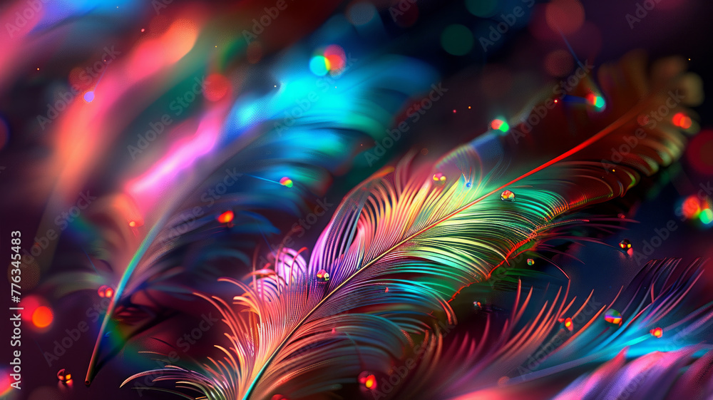 Wall mural A colorful feather with a rainbow pattern. The feather is surrounded by a blurry background with bright colors. epic octane render, feathers with rainbow glow