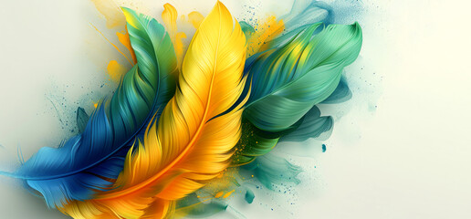 Three colorful feathers are displayed in a triangular shape. The feathers are yellow, green, and blue. The image has a vibrant and lively mood. d logo for a party, brazilian carnival, Feathers