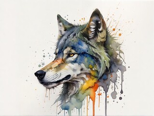 abstract watercolor painitng of wolf head