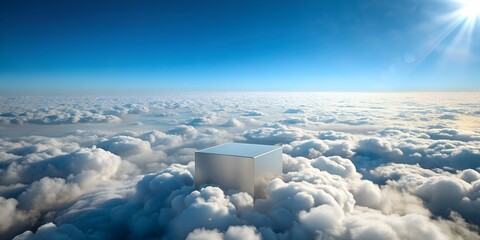 the podium covered in clouds rises above white clouds against a clear blue sky