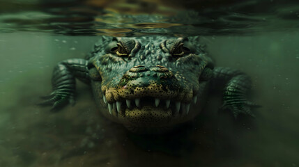 A stealthy crocodile lurking beneath the surface, only its eyes and snout visible as it waits for prey to approach