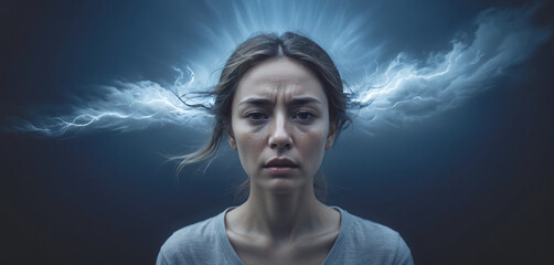 Conceptual representation of a person suffering from migraine or a mental disorder or brain fog that limits thinking ability and reduces cognitive performance - ai generated - obrazy, fototapety, plakaty