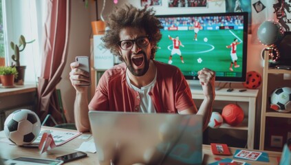 Lucky man celebrating victory after making bets using gambling mobile application on his phone