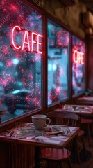 "Enchanting Evening at a Cozy Café Illuminated by Neon Lights"
