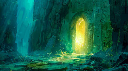 Mystical glowing doorway in an ancient ruin