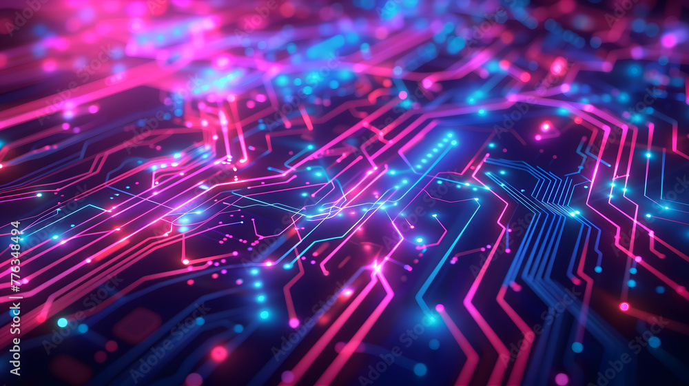 Poster abstract circuit board background with neon lights and glowing elements, symbolizing technology and 
