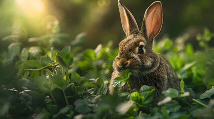 A sweet rabbit munching on fresh greens in a cozy burrow, with warm, earthy tones and soft textures providing a delightful backdrop with plenty of copy space and a gently blurred background