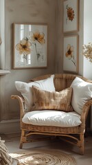 "Sunlit Serenity: A Cozy Nook with Artistic Floral Charm and Rattan Elegance"
