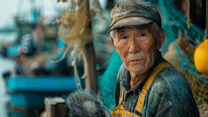 An elderly fisherman with equipment